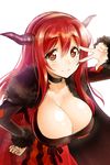  blush breasts choker cleavage demon_girl dress hand_on_hip highres horns huge_breasts long_hair looking_at_viewer maou_(maoyuu) maoyuu_maou_yuusha okitakung red_eyes red_hair simple_background smile solo v v_over_eye white_background 