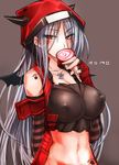  bat_wings blush borrowed_character breasts candy chloe_fleurage dog_tags elbow_gloves food gloves highres hood hoodie large_breasts long_hair looking_at_viewer navel nipples no_bra original paw_print red_eyes silver_hair solo striped taishi_(picchiridou) wings 