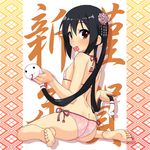  ass barefoot bikini black_hair blush brown_eyes butt_crack flat_chest hair_ornament highres k-on! k10k long_hair looking_at_viewer looking_back mouth_hold nakano_azusa side-tie_bikini sitting soles solo swimsuit twintails very_long_hair wariza 