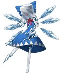  ascot blue_hair bow cirno commentary_request crazy_eyes dress frozen full_body hair_bow hands_on_own_face ice ice_cube mazeran persona red_eyes ribbon solo touhou transparent_background wings 