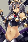  absurdres armor bare_shoulders crown detached_sleeves grey_background groin haik highres horns long_hair midriff monster_girl navel red_eyes shinrabanshou simple_background smile solo tiamatt very_long_hair 