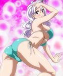  1girl arms_up ass bikini blue_eyes breasts fairy_tail front_ponytail highres huge_ass large_breasts long_hair mirajane mirajane_strauss silver_hair solo stitched swimsuit trefoil underboob 