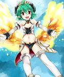  1girl ahoge arcana_trust bare_shoulders blue_sky bracer detached_sleeves gloves green_hair haik hat highres horns low_wings midriff navel open_mouth pointy_ears red_eyes shinrabanshou short_hair sky solo thighhighs white_gloves white_legwear wings 