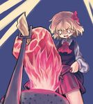  1girl ascot blonde_hair boned_meat cooking drooling fire food meat rotisserie rumia short_hair solo symbol-shaped_pupils touhou yunuki_uta 