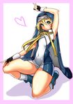  arc_system_works arm_up armpits blonde_hair blue_eyes blush bridget_(guilty_gear) bulge clothed_navel cross crossdressing fingerless_gloves gloves guilty_gear habit hat heart hips kazutani_ninshi kneeling male male_focus navel nun panties payot ribbon short_hair sidelocks simple_background socks solo striped striped_panties thick_thighs thighs trap underwear wadani_hitonori white_background wide_hips wrist_cuffs 