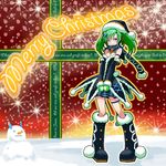  1girl bare_shoulders blue_eyes boots christmas cosmic_break cs-chan green_eyes green_hair hair_ornament hair_ribbon hat highres looking_at_viewer merry_christmas official_art plaid plaid_skirt pleated_skirt ribbon santa_hat scarf scraft skirt smile snow snow_man snowman solo sparkle standing twin_tail twintails v_arms winter 