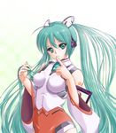  1girl commentary_request detached_sleeves finger_to_mouth green_eyes green_hair hatsune_miku long_hair mori_chu nail_polish solo twintails very_long_hair vocaloid 