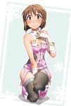  aya_shachou bare_shoulders belt blush bob_cut boots bottomless bracelet breasts brown_eyes brown_hair covering covering_crotch fishnets gloves hagiwara_yukiho hand_on_own_chest highres idolmaster idolmaster_(classic) jewelry looking_at_viewer no_panties one_knee pink_diamond_765 short_hair shorts snowflakes solo tears thighhighs 