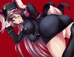  alternate_costume animal_ears ass bad_id bad_pixiv_id bent_over blush breasts bunny_ears cream_(nipakupa) gloves hat large_breasts lavender_hair long_hair looking_at_viewer military military_hat one_eye_closed open_mouth panties pantyshot red_background red_eyes reisen_udongein_inaba simple_background smile solo touhou underwear very_long_hair white_gloves white_panties 