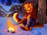  campfire demicoeur feline fire lion male mammal marshmallow night outside snow solo winter 