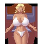  1girl aoi_nagisa_(artist) bikini blonde_hair breasts huge_breasts karen_suzuki large_breasts midriff okaa-san_ga_ippai solo swimsuit 