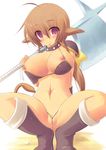  1girl animal_ears axe blush breasts brown_hair censored clitoris_slip collar kourourin nipple_slip nipples purple_eyes pussy_peek solo tail weapon 