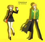  1girl brown_eyes brown_hair earphones genderswap genderswap_(ftm) genderswap_(mtf) hanamura_yousuke highres houndstooth jacket jacket_removed persona persona_4 rakuko satonaka_chie school_uniform short_hair side_ponytail track_jacket 