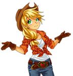  1girl :s applejack belt blonde_hair cowboy_hat cowgirl denim freckles gloves green_eyes hat jeans my_little_pony my_little_pony_friendship_is_magic pants personification semehammer shirt shrug simple_background tied_shirt western 