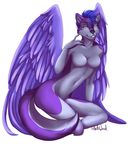  alpha_channel anthro blue_hair breasts canine female fur grey_fur hair looking_at_viewer mammal plain_background purple_fur solo transparent_background wings wolf 