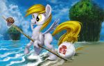  blonde_hair branch cast_away changeunism cutie_mark derpy_hooves_(mlp) equine female food friendship_is_magic fur grey_fur hair horse mammal muffin my_little_pony pegasus pony sea seaside solo sport tree volleyball water wilson_(cast_away) wings 