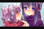  akemi_homura bad_id bad_pixiv_id black_hair closed_mouth eye_contact face hair_ribbon kaname_madoka letterboxed looking_at_another mahou_shoujo_madoka_magica multiple_girls purple_eyes ribbon scarf scarf_tying smile snowing tahya ultimate_madoka upper_body yellow_eyes 