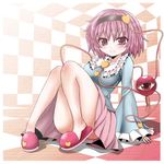  blush convenient_leg eyeball hairband heart komeiji_satori long_sleeves looking_at_viewer purple_eyes purple_hair shirt short_hair sitting skirt slippers smile solo third_eye tile_floor tiles touhou upskirt wide_sleeves zuru 