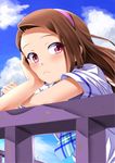  blush brown_hair chin_rest hairband idolmaster idolmaster_(classic) long_hair looking_at_viewer minase_iori miri_(ago550421) necktie railing red_eyes rough_time_school school_uniform solo upper_body 