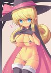  bikini blonde_hair blue_eyes blush breasts cape gloves hat heart huge_breasts kourourin long_hair looking_at_viewer micro_bikini navel nipple_slip nipples original pointy_ears solo swimsuit thighhighs witch witch_hat 