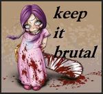  blood chainsaw doll english_text female gore hair long_hair looking_at_viewer low_res nightmare_fuel purple_hair shoes slippers smile text tiny unknown_artist weapon white_eyes young 