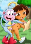  balls bbmbbf blush boots_(character) brown_eyes cum dora dora_the_explorer duo female hi_res human interspecies male mammal map monkey nude outside palcomix penetration penis primate pussy sex smile straight vaginal vaginal_penetration young 