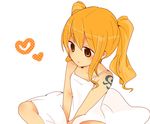  1girl blush child dress heart indian_style nami nami_(one_piece) one_piece one_piece_film_z orange_eyes orange_hair sitting solo tattoo twintails white_dress young younger 