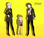  2girls adachi_tooru black_hair black_legwear braid brown_eyes brown_hair doujima_nanako genderswap genderswap_(ftm) genderswap_(mtf) grey_hair hood hoodie houndstooth legs multiple_girls narukami_yuu pantyhose persona persona_4 rakuko school_uniform short_hair twin_braids 