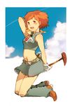  adapted_costume animal animal_on_shoulder boots brown_hair cloud condensation_trail crop_top day earrings gloves hand_behind_head honoboooono jewelry kaze_no_tani_no_nausicaa looking_at_viewer midriff nausicaa open_mouth skirt sky staff teto 