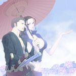  1boy 1girl black_hair couple flower green_hair hydrangea nico_robin one_piece rain roronoa_zoro sword umbrella weapon zugan_(berugkamp) 