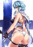  anti-materiel_rifle ass ass_grab back bare_shoulders blue_eyes blue_hair breasts bullet_hole covered_nipples fingerless_gloves gloves grabbing_own_ass gun hair_ornament hairclip highres holding kamishiro_ryuu large_breasts panties pgm_hecate_ii rifle scarf sinon sniper_rifle solo sword_art_online thigh_strap thighs torn_clothes underwear weapon white_panties 