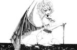  blood blood_in_mouth greyscale harikona monochrome no_hat no_headwear remilia_scarlet sketch smile solo touhou wings 