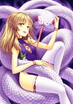  bad_id bad_pixiv_id bare_shoulders blonde_hair giant_snake hair_ribbon highres leotard long_hair mishaguji moriya_suwako no_hat no_headwear purple_leotard ribbon slit_pupils snake solo thighhighs tomo1030 tongue touhou white_legwear yellow_eyes 