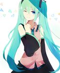  blue_eyes detached_sleeves green_hair hatsune_miku highres long_hair me_(1005646017) necktie one_eye_closed skirt smile solo twintails very_long_hair vocaloid 