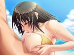  aoi_nagisa_(artist) beach bikini breasts brown_hair censored cum cum_in_mouth cum_on_body cum_on_breasts cum_on_hair cum_on_upper_body facial fellatio huge_breasts kozue_nanba okaa-san_ga_ippai oral paizuri penis swimsuit 