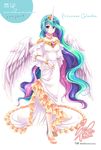  bridal_gauntlets celestia_(my_little_pony) character_name crown dress feathered_wings full_body full_moon green_hair high_heels horn long_hair long_sleeves moon multicolored_hair my_little_pony my_little_pony_friendship_is_magic personification purple_eyes sakurano_tsuyu smile solo standing very_long_hair white_background white_dress white_wings wings 