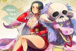  1girl 2013 amazon amazon_lily black_hair boa_hancock breasts cape chinese_zodiac cleavage earrings female forked_tongue fur_trim happy_new_year holiday jewelry legs legs_crossed long_hair masakariwono midriff new_year one_piece salome_(one_piece) shichibukai side_slit sitting skull snake snake_(chinese_zodiac) thighs tongue 