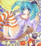  aqua_eyes aqua_hair bad_id bad_pixiv_id bat broom broom_riding dannashitoyome dress drill_hair full_moon ghost halloween hatsune_miku jack-o'-lantern lantern long_hair looking_at_viewer marker_(medium) moon sample solo striped striped_legwear thighhighs traditional_media twin_drills twintails vocaloid 