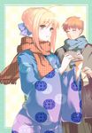  1girl ^_^ ahoge artoria_pendragon_(all) bad_id bad_pixiv_id blonde_hair closed_eyes coat ema emiya_shirou fate/stay_night fate_(series) hair_ribbon japanese_clothes kimono mozu894 orange_hair ribbon saber scarf 