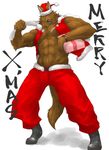 biceps brown_eyes brown_fur canine captainjohkid christmas claws clothing dog_tags fur gift holidays jo male mammal muscles open_shirt pecs plain_background shirt snta white_background wolf wristband 