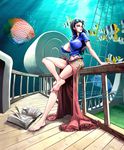  1girl arm_support barefoot black_hair blue_eyes blue_shirt book breasts bursting_breasts center_opening crop_top feet fish fishman_island floral_print flower from_side full_body glasses glasses_on_head grass groin hair_slicked_back highres kevin_herault large_breasts lips long_hair looking_back looking_to_the_side lowleg midriff navel nico_robin no_bra one_piece open_book open_clothes open_shirt outdoors pink_skirt sarong shirt short_sleeves sitting skirt soles solo sunglasses sunglasses_on_head sunlight thousand_sunny timeskip toes underwater unzipped water zipper 