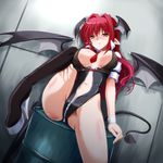  alternate_costume bat_wings between_breasts black_legwear black_leotard blush bodysuit boots borrowed_design breasts cleavage closed_umbrella demon_girl demon_tail demon_wings drum_(container) head_wings high_heels highres koakuma large_breasts leg_up leotard long_hair looking_at_viewer midriff mini_wings navel necktie necktie_between_breasts pointy_ears race_queen red_hair red_neckwear shoes short_sleeves sitting smile solo spread_legs succubus tail thigh_boots thighhighs touhou umbrella unzipped wings wrist_cuffs yamu_(reverse_noise) yellow_eyes 