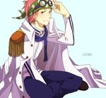  1boy adjusting_glasses character_name epaulettes glasses glasses_on_head grin headband indian_style jacket jacket_on_shoulders kobi looking_at_viewer mako1124 male male_focus marine military military_uniform one_piece pink_hair scarf sitting smile solo uniform 