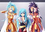  armor blue_hair cape gemini_paradox long_hair mask multiple_girls multiple_persona pantyhose purple_eyes purple_hair saint_seiya saint_seiya_omega smile sun_trial tears 