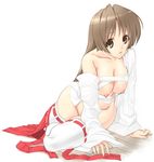 1girl breasts brown_eyes brown_hair japanese_clothes long_hair looking_at_viewer miko nageringo nipples solo thighhighs 