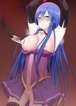  arms_up bdsm blue_eyes blue_hair blush bondage bound breasts breasts_outside breath cameltoe corset cuffs detached_collar dress_pull elbow_gloves gloves kaerunoashi lactation large_breasts long_hair milking_machine navel nipples original panties see-through skirt solo thighhighs underwear 