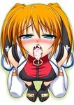  blue_eyes cum cum_in_mouth cum_on_tongue gloves hair_ribbon highres kneeling lyrical_nanoha mahou_shoujo_lyrical_nanoha mahou_shoujo_lyrical_nanoha_strikers open_mouth orange_hair ribbon short_hair short_twintails teana_lanster thighhighs tongue tongue_out twintails 