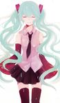  bad_id bad_pixiv_id closed_eyes detached_sleeves green_hair hatsune_miku highres long_hair me_(1005646017) necktie simple_background skirt sleeves_past_wrists solo thighhighs twintails very_long_hair vocaloid white_background 