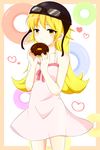  bad_id bad_pixiv_id bare_shoulders blonde_hair doughnut food highres koro_(ktdfn956) long_hair monogatari_(series) oshino_shinobu solo yellow_eyes 