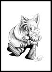  canine entwined_tails fluffy_tail fox greyscale kyunae_(artist) male mammal miles_prower monochrome multiple_tails pain plain_background sega sonic_(series) white_background 